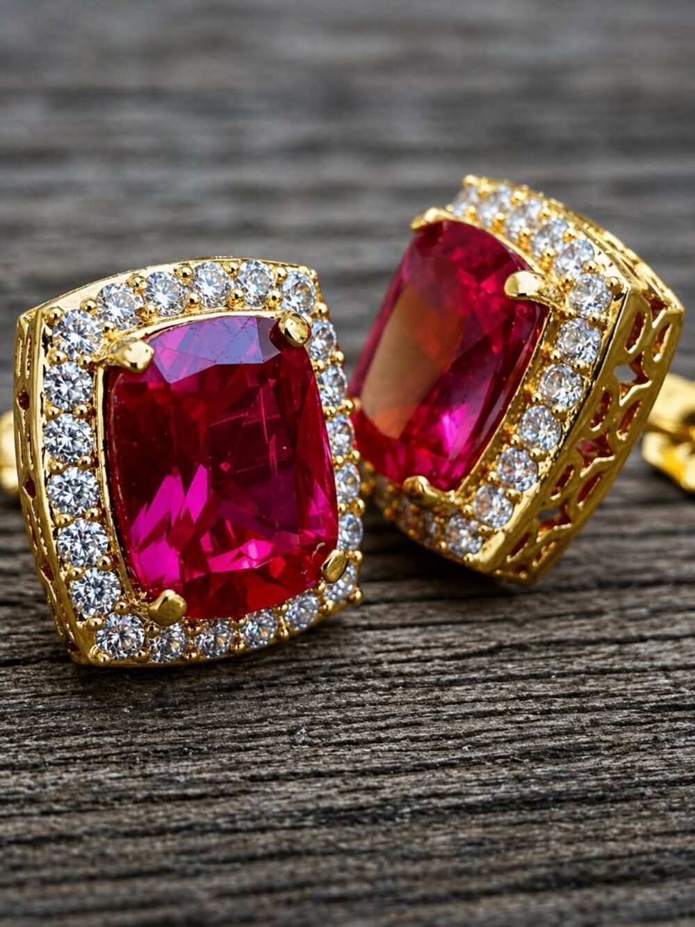 Lab Simulated Ruby & Diamond Rectangle Earrings - Picture 2 of 4